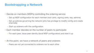 14
Bootstrapping a Network
•  Decide on members (MSPs) controlling the ordering service
–  Set up MSP conﬁguration for each member (root certs, signing certs, key, admins)
–  Set up policies governing the network (who has privilege to modify conﬁg and create
channels)
–  Start up orderers with the conﬁguration
•  Each member decides on the number of peers to participate
–  For each peer, issue peer identity (local MSP conﬁguration) and start it up
•  At this point, we have a network of peers and orderers
–  Peers are not yet connected to orderers nor to each other
 