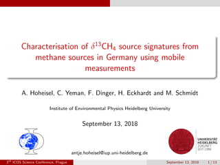 antje.hoheisel@iup.uni-heidelberg.de
Characterisation of δ13
CH4 source signatures from
methane sources in Germany using mobile
measurements
A. Hoheisel, C. Yeman, F. Dinger, H. Eckhardt and M. Schmidt
Institute of Environmental Physics Heidelberg University
September 13, 2018
3rd
ICOS Science Conference, Prague September 13, 2018 1 / 13
 