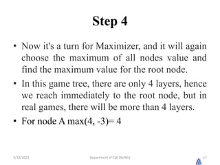 Step 4
• Now it's a turn for Maximizer, and it will again
choose the maximum of all nodes value and
find the maximum value for the root node.
• In this game tree, there are only 4 layers, hence
we reach immediately to the root node, but in
real games, there will be more than 4 layers.
• For node A max(4, -3)= 4
3/18/2023 Department of CSE (AI/ML) 17
 