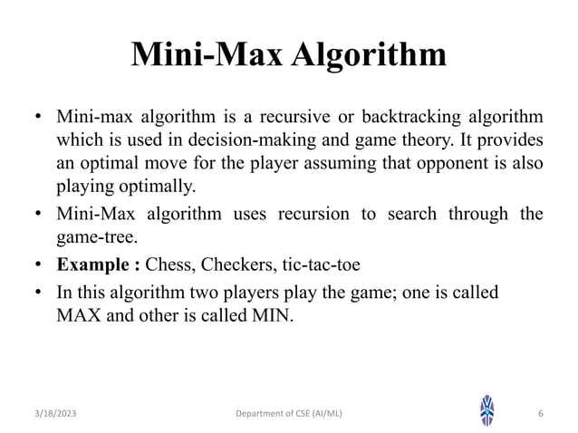 AI_Session 14 Min Max Algorithm.pptx | Search | Internet
