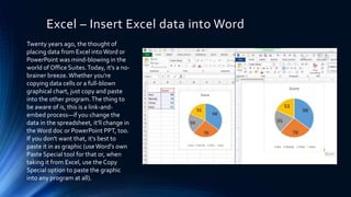Excel – Insert Excel data into Word
Twenty years ago, the thought of
placing data from Excel intoWord or
PowerPoint was mind-blowing in the
world of Office Suites.Today, it's a no-
brainer breeze.Whether you're
copying data cells or a full-blown
graphical chart, just copy and paste
into the other program.The thing to
be aware of is, this is a link-and-
embed process—if you change the
data in the spreadsheet, it'll change in
theWord doc or PowerPoint PPT, too.
If you don't want that, it's best to
paste it in as graphic (useWord's own
Paste Special tool for that or, when
taking it from Excel, use the Copy
Special option to paste the graphic
into any program at all).
 