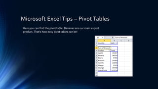 Microsoft Excel Tips – Pivot Tables
Here you can find the pivot table. Bananas are our main export
product.That's how easy pivot tables can be!
 