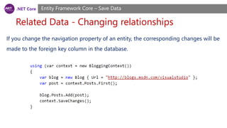 .NET Core
Related Data - Changing relationships
Entity Framework Core – Save Data
If you change the navigation property of an entity, the corresponding changes will be
made to the foreign key column in the database.
 