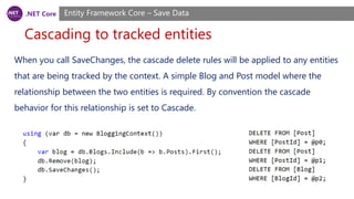 .NET Core
Cascading to tracked entities
Entity Framework Core – Save Data
When you call SaveChanges, the cascade delete rules will be applied to any entities
that are being tracked by the context. A simple Blog and Post model where the
relationship between the two entities is required. By convention the cascade
behavior for this relationship is set to Cascade.
 