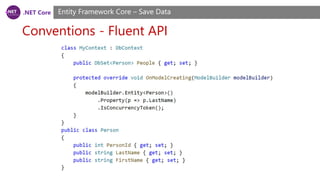 .NET Core
Conventions - Fluent API
Entity Framework Core – Save Data
 