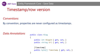 .NET Core
Timestamp/row version
Entity Framework Core – Save Data
Conventions
By convention, properties are never configured as timestamps.
Data Annotations
 