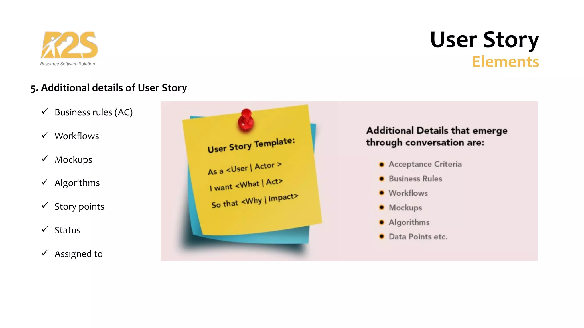 5. Additional details of User Story
ü Business rules (AC)
ü Workflows
ü Mockups
ü Algorithms
ü Story points
ü Status
ü Assigned to
User Story
Elements
 