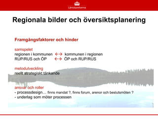 Regionala bilder och översiktsplanering

Framgångsfaktorer och hinder

samspelet
regionen i kommunen  kommunen i regionen
RUP/RUS och ÖP       ÖP och RUP/RUS

metodutveckling
reellt strategiskt tänkande


ansvar och roller
- processdesign… finns mandat ?, finns forum, arenor och beslutsmöten ?
- underlag som möter processen
 