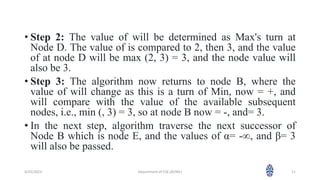• Step 2: The value of will be determined as Max's turn at
Node D. The value of is compared to 2, then 3, and the value
of at node D will be max (2, 3) = 3, and the node value will
also be 3.
• Step 3: The algorithm now returns to node B, where the
value of will change as this is a turn of Min, now = +, and
will compare with the value of the available subsequent
nodes, i.e., min (, 3) = 3, so at node B now = -, and= 3.
• In the next step, algorithm traverse the next successor of
Node B which is node E, and the values of α= -∞, and β= 3
will also be passed.
4/25/2023 Department of CSE (AI/ML) 11
 