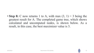 • Step 8: C now returns 1 to A, with max (3, 1) = 3 being the
greatest result for A. The completed game tree, which shows
calculated and uncomputed nodes, is shown below. As a
result, in this case, the best maximizer value is 3.
4/25/2023 Department of CSE (AI/ML) 19
 