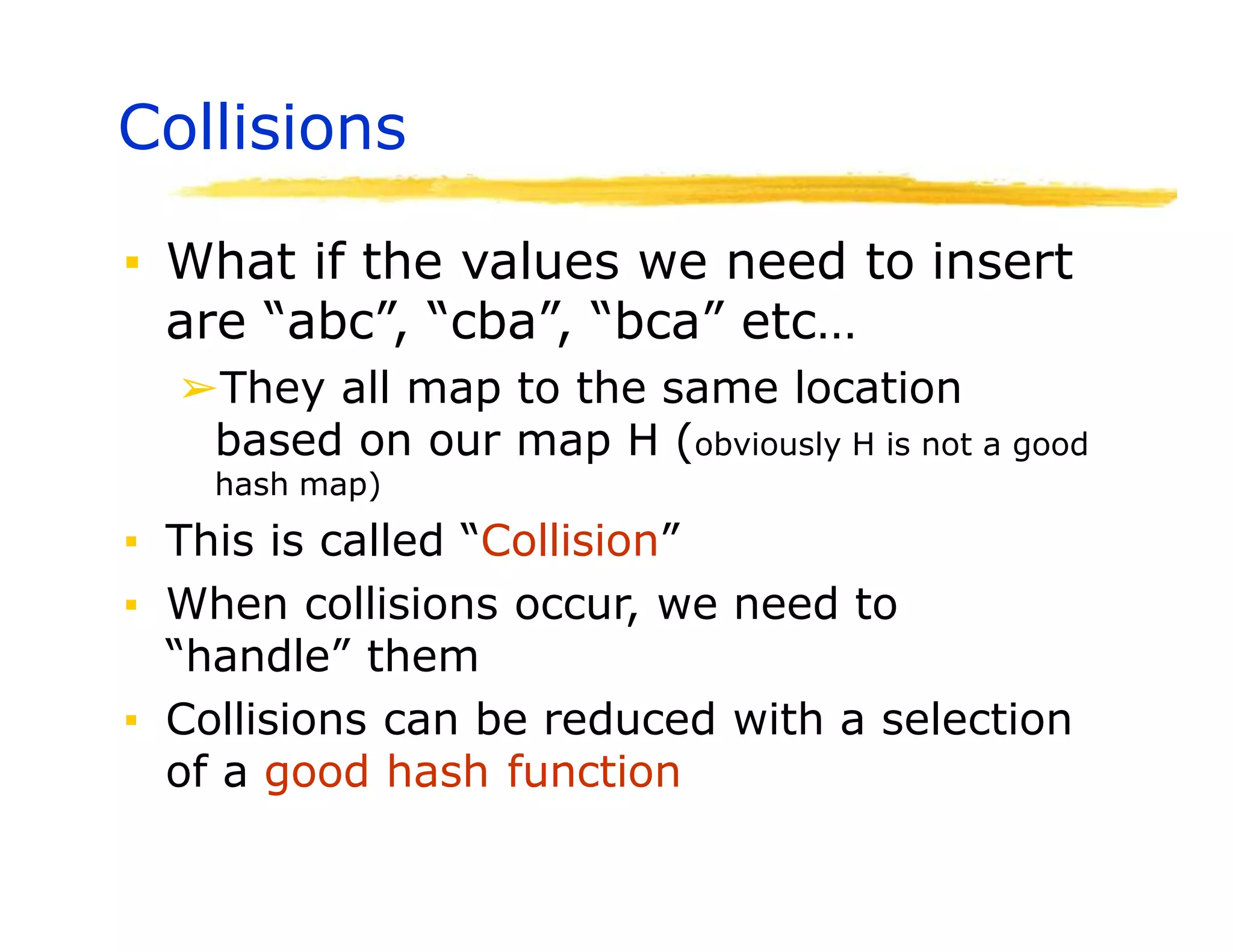 Collisions
▪ What if the values we need to insert
are “abc”, “cba”, “bca” etc…
➢They all map to the same location
based on our map H (obviously H is not a good
hash map)
▪ This is called “Collision”
▪ When collisions occur, we need to
“handle” them
▪ Collisions can be reduced with a selection
of a good hash function
 