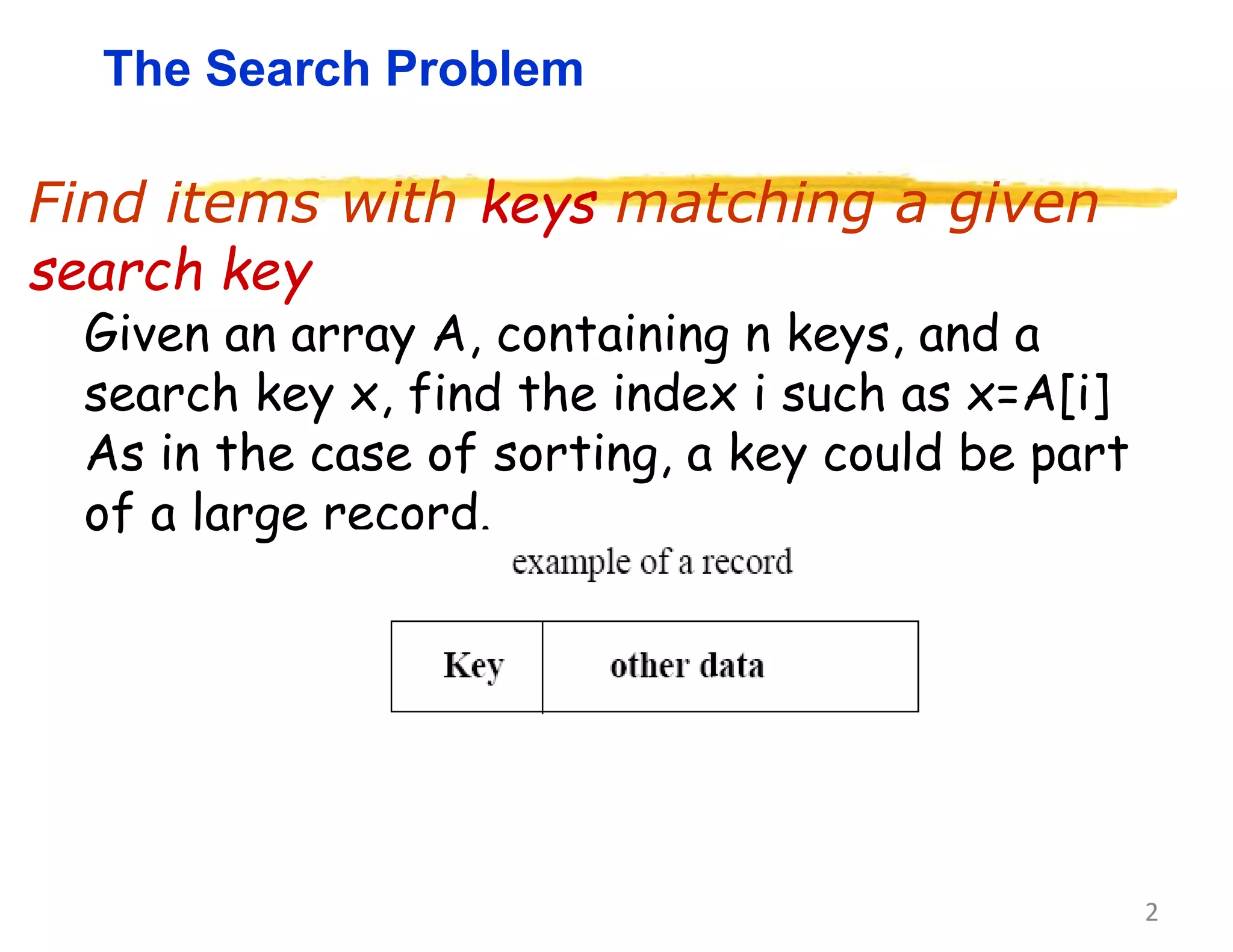2
The Search Problem
Find items with keys matching a given
search key
Given an array A, containing n keys, and a
search key x, find the index i such as x=A[i]
As in the case of sorting, a key could be part
of a large record.
 