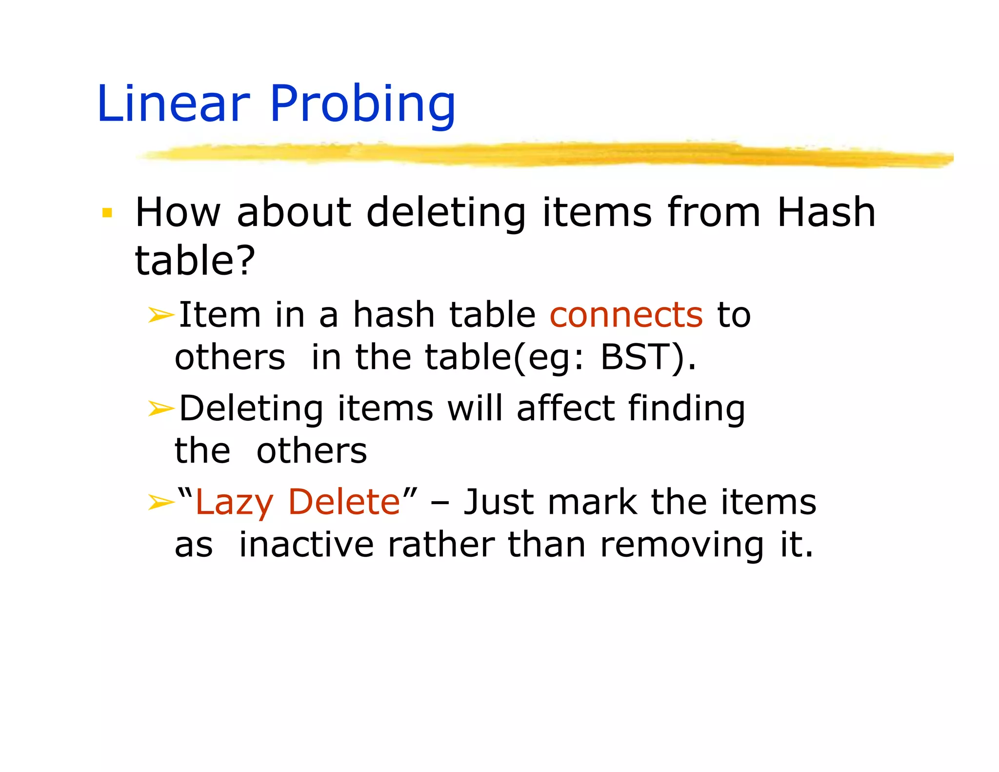 Linear Probing
▪ How about deleting items from Hash
table?
➢Item in a hash table connects to
others in the table(eg: BST).
➢Deleting items will affect finding
the others
➢“Lazy Delete” – Just mark the items
as inactive rather than removing it.
 