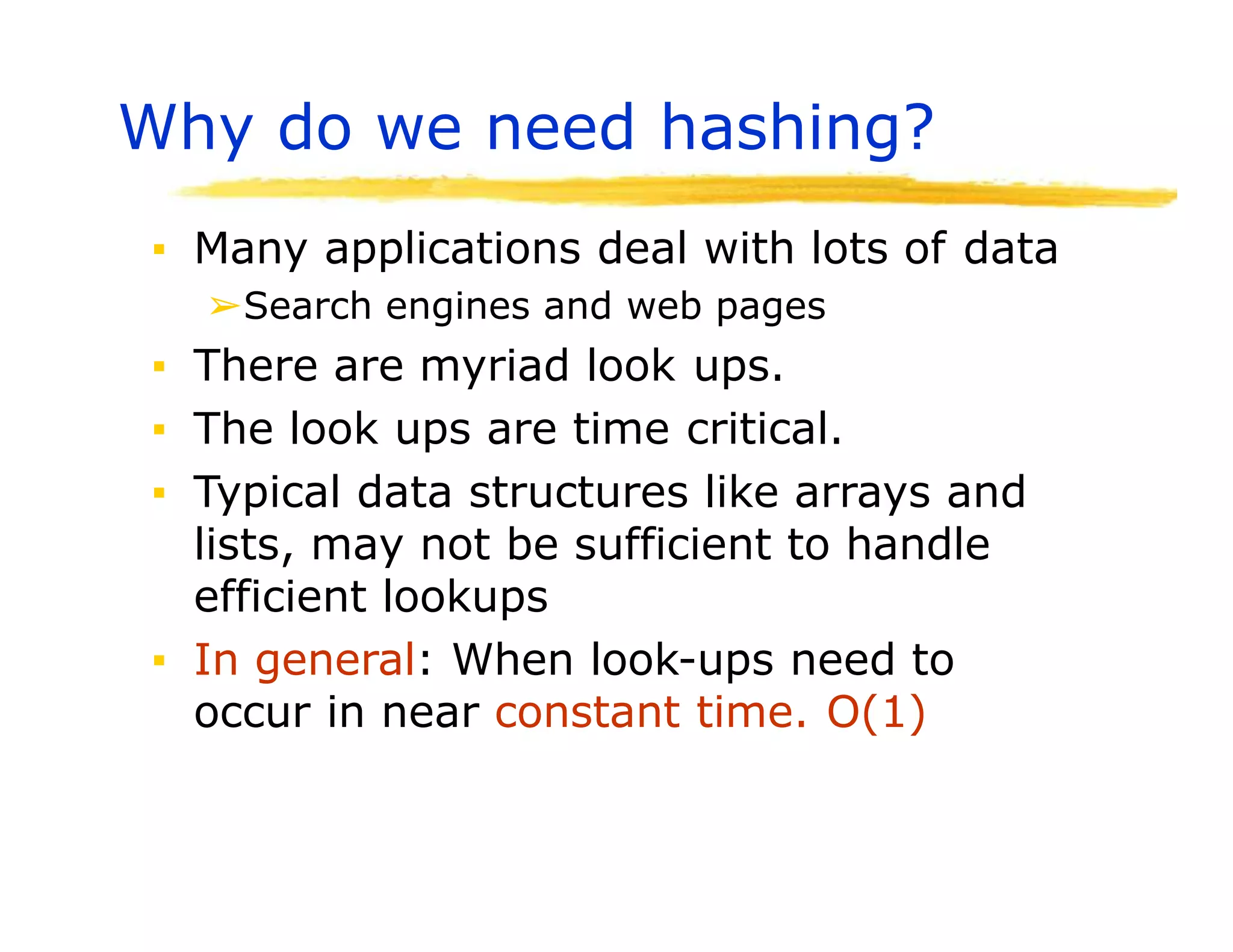 Why do we need hashing?
▪ Many applications deal with lots of data
➢Search engines and web pages
▪ There are myriad look ups.
▪ The look ups are time critical.
▪ Typical data structures like arrays and
lists, may not be sufficient to handle
efficient lookups
▪ In general: When look-ups need to
occur in near constant time. O(1)
 
