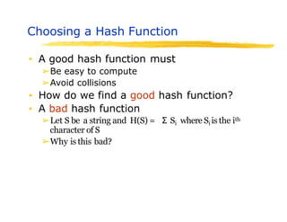 Choosing a Hash Function
▪ A good hash function must
➢Be easy to compute
➢Avoid collisions
▪ How do we find a good hash function?
▪ A bad hash function
➢Let S be a string and H(S) = Σ Si where Si is the ith
character of S
➢Why is this bad?
 