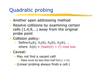 Quadratic probing
▪ Another open addressing method
▪ Resolve collisions by examining certain
cells (1,4,9,…) away from the original
probe point
▪ Collision policy:
➢ Define h0(k), h1(k), h2(k), h3(k), …
where hi(k) = (hash(k) + i2) mod size
▪ Caveat:
➢May not find a vacant cell!
• Table must be less than half full ( < ½)
➢(Linear probing always finds a cell.)
 
