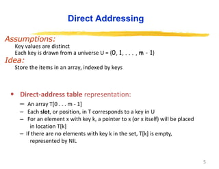 5
Direct Addressing
Assumptions:
Key values are distinct
Each key is drawn from a universe U = {0, 1, . . . , m - 1}
Idea:
Store the items in an array, indexed by keys
• Direct-address table representation:
– An array T[0 . . . m - 1]
– Each slot, or position, in T corresponds to a key in U
– For an element x with key k, a pointer to x (or x itself) will be placed
in location T[k]
– If there are no elements with key k in the set, T[k] is empty,
represented by NIL
 