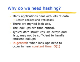 Why do we need hashing?
▪ Many applications deal with lots of data
➢Search engines and web pages
▪ There are myriad look ups.
▪ The look ups are time critical.
▪ Typical data structures like arrays and
lists, may not be sufficient to handle
efficient lookups
▪ In general: When look-ups need to
occur in near constant time. O(1)
 