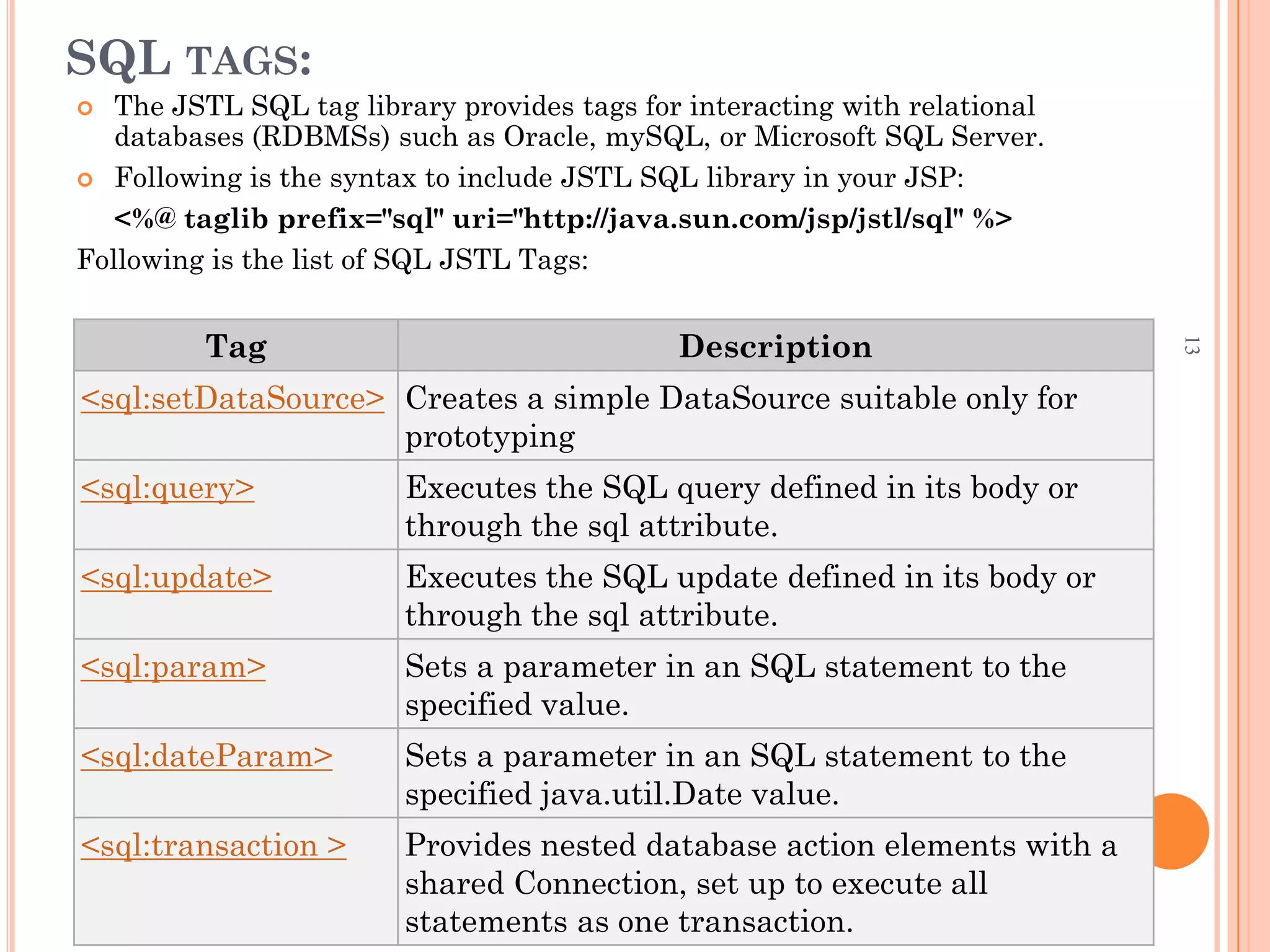 SQL TAGS:
 The JSTL SQL tag library provides tags for interacting with relational
databases (RDBMSs) such as Oracle, mySQL, or Microsoft SQL Server.
 Following is the syntax to include JSTL SQL library in your JSP:
<%@ taglib prefix="sql" uri="http://java.sun.com/jsp/jstl/sql" %>
Following is the list of SQL JSTL Tags:
Tag Description
<sql:setDataSource> Creates a simple DataSource suitable only for
prototyping
<sql:query> Executes the SQL query defined in its body or
through the sql attribute.
<sql:update> Executes the SQL update defined in its body or
through the sql attribute.
<sql:param> Sets a parameter in an SQL statement to the
specified value.
<sql:dateParam> Sets a parameter in an SQL statement to the
specified java.util.Date value.
<sql:transaction > Provides nested database action elements with a
shared Connection, set up to execute all
statements as one transaction.
13
 