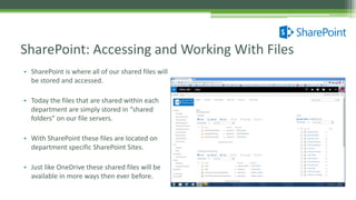 • SharePoint is where all of our shared files will
be stored and accessed.
• Today the files that are shared within each
department are simply stored in “shared
folders” on our file servers.
• With SharePoint these files are located on
department specific SharePoint Sites.
• Just like OneDrive these shared files will be
available in more ways then ever before.
SharePoint: Accessing and Working With Files
 