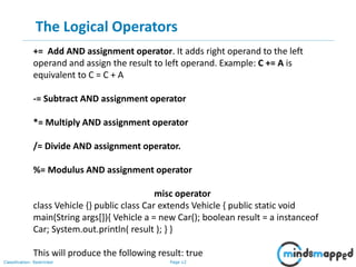 Page 12Classification: Restricted
The Logical Operators
+= Add AND assignment operator. It adds right operand to the left
operand and assign the result to left operand. Example: C += A is
equivalent to C = C + A
-= Subtract AND assignment operator
*= Multiply AND assignment operator
/= Divide AND assignment operator.
%= Modulus AND assignment operator
misc operator
class Vehicle {} public class Car extends Vehicle { public static void
main(String args[]){ Vehicle a = new Car(); boolean result = a instanceof
Car; System.out.println( result ); } }
This will produce the following result: true
 