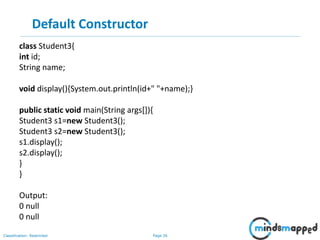 Page 26Classification: Restricted
Default Constructor
class Student3{
int id;
String name;
void display(){System.out.println(id+" "+name);}
public static void main(String args[]){
Student3 s1=new Student3();
Student3 s2=new Student3();
s1.display();
s2.display();
}
}
Output:
0 null
0 null
 