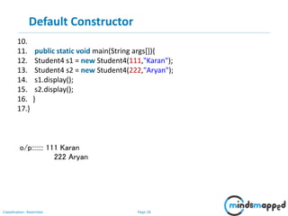 Page 28Classification: Restricted
Default Constructor
10.
11. public static void main(String args[]){
12. Student4 s1 = new Student4(111,"Karan");
13. Student4 s2 = new Student4(222,"Aryan");
14. s1.display();
15. s2.display();
16. }
17.}
o/p::::::: 111 Karan
222 Aryan
 