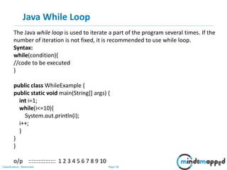 Page 36Classification: Restricted
Java While Loop
The Java while loop is used to iterate a part of the program several times. If the
number of iteration is not fixed, it is recommended to use while loop.
Syntax:
while(condition){
//code to be executed
}
public class WhileExample {
public static void main(String[] args) {
int i=1;
while(i<=10){
System.out.println(i);
i++;
}
}
}
o/p :::::::::::::::: 1 2 3 4 5 6 7 8 9 10
 