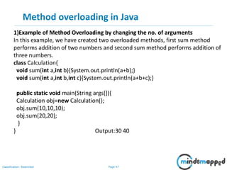 Page 47Classification: Restricted
Method overloading in Java
1)Example of Method Overloading by changing the no. of arguments
In this example, we have created two overloaded methods, first sum method
performs addition of two numbers and second sum method performs addition of
three numbers.
class Calculation{
void sum(int a,int b){System.out.println(a+b);}
void sum(int a,int b,int c){System.out.println(a+b+c);}
public static void main(String args[]){
Calculation obj=new Calculation();
obj.sum(10,10,10);
obj.sum(20,20);
}
} Output:30 40
 