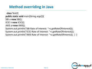 Page 51Classification: Restricted
Method overriding in Java
class Test2{
public static void main(String args[]){
SBI s=new SBI();
ICICI i=new ICICI();
AXIS a=new AXIS();
System.out.println("SBI Rate of Interest: "+s.getRateOfInterest());
System.out.println("ICICI Rate of Interest: "+i.getRateOfInterest());
System.out.println("AXIS Rate of Interest: "+a.getRateOfInteres)); } }
 