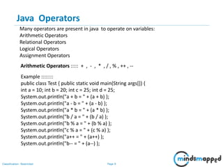 Page 9Classification: Restricted
Java Operators
Many operators are present in java to operate on variables:
Arithmetic Operators
Relational Operators
Logical Operators
Assignment Operators
Example ::::::::
public class Test { public static void main(String args[]) {
int a = 10; int b = 20; int c = 25; int d = 25;
System.out.println("a + b = " + (a + b) );
System.out.println("a - b = " + (a - b) );
System.out.println("a * b = " + (a * b) );
System.out.println("b / a = " + (b / a) );
System.out.println("b % a = " + (b % a) );
System.out.println("c % a = " + (c % a) );
System.out.println("a++ = " + (a++) );
System.out.println("b-- = " + (a--) );
Arithmetic Operators ::::: + , - , * , / , % , ++ , --
 
