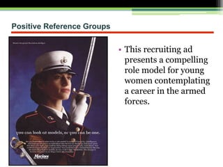 Positive Reference Groups
• This recruiting ad
presents a compelling
role model for young
women contemplating
a career in the armed
forces.
 