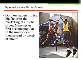 Opinion Leaders Market Shoes
• Opinion leadership is a
big factor in the
marketing of athletic
shoes. Many styles
first become popular
in the inner city and
then spread by word-
of-mouth.
 