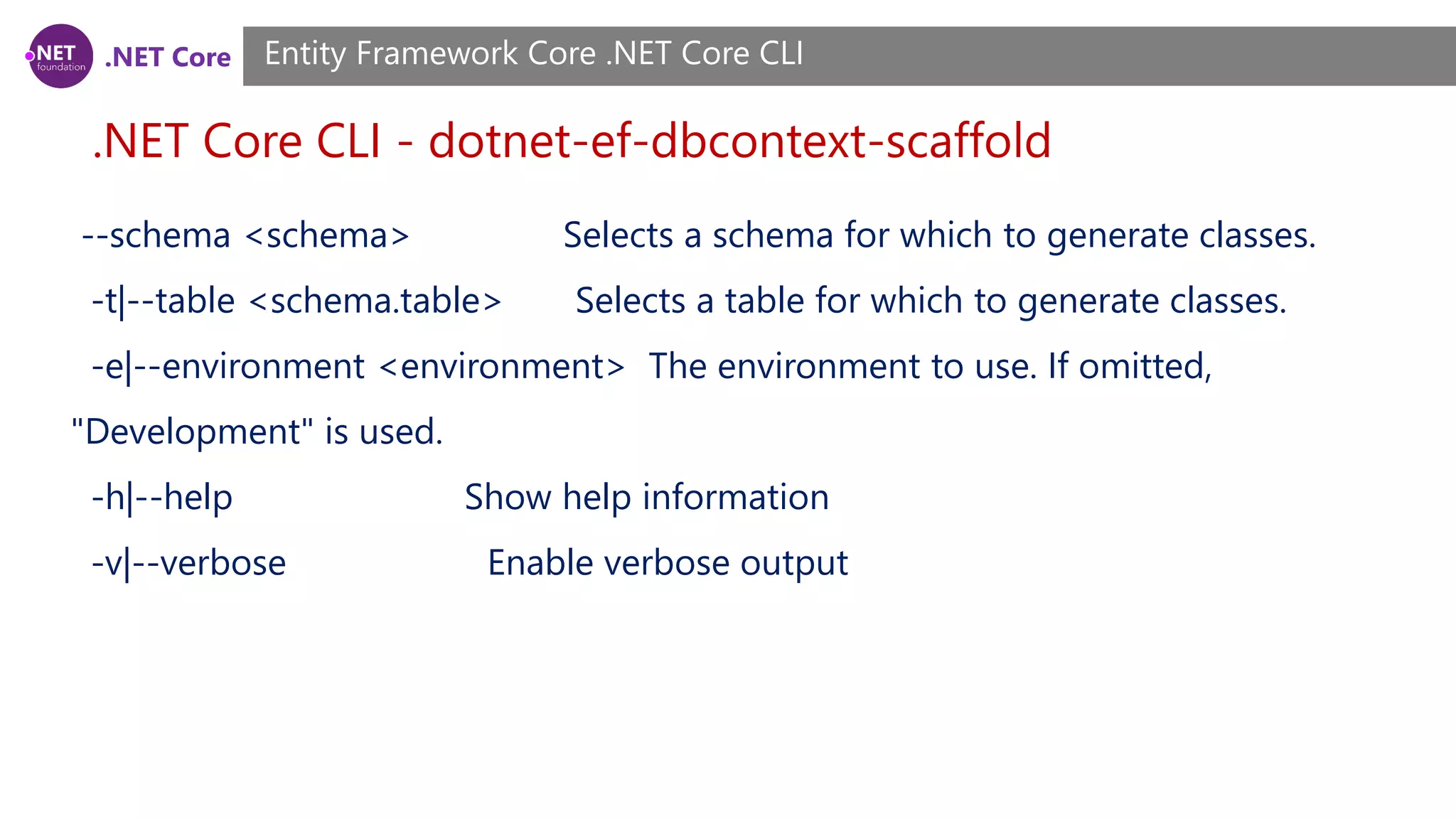 .NET Core .NET Core CLI - dotnet-ef-dbcontext-scaffold Entity Framework Core .NET Core CLI --schema <schema> Selects a schema for which to generate classes. -t|--table <schema.table> Selects a table for which to generate classes. -e|--environment <environment> The environment to use. If omitted, "Development" is used. -h|--help Show help information -v|--verbose Enable verbose output 