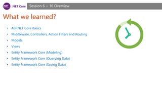 .NET Core
What we learned?
Session 6 ~ 16 Overview
• ASP.NET Core Basics
• Middleware, Controllers, Action Filters and Routing
• Models
• Views
• Entity Framework Core (Modeling)
• Entity Framework Core (Querying Data)
• Entity Framework Core (Saving Data)
 