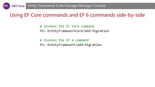 .NET Core
Using EF Core commands and EF 6 commands side-by-side
Entity Framework Core Package Manager Console
 