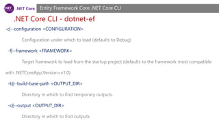 .NET Core
.NET Core CLI - dotnet-ef
Entity Framework Core .NET Core CLI
-c|--configuration <CONFIGURATION>
Configuration under which to load (defaults to Debug)
-f|--framework <FRAMEWORK>
Target framework to load from the startup project (defaults to the framework most compatible
with .NETCoreApp,Version=v1.0).
-b|--build-base-path <OUTPUT_DIR>
Directory in which to find temporary outputs.
-o|--output <OUTPUT_DIR>
Directory in which to find outputs
 