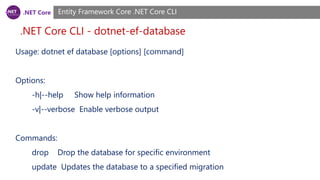 .NET Core
.NET Core CLI - dotnet-ef-database
Entity Framework Core .NET Core CLI
Usage: dotnet ef database [options] [command]
Options:
-h|--help Show help information
-v|--verbose Enable verbose output
Commands:
drop Drop the database for specific environment
update Updates the database to a specified migration
 