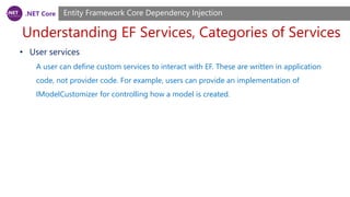 .NET Core
Understanding EF Services, Categories of Services
Entity Framework Core Dependency Injection
• User services
A user can define custom services to interact with EF. These are written in application
code, not provider code. For example, users can provide an implementation of
IModelCustomizer for controlling how a model is created.
 