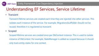 .NET Core
Understanding EF Services, Service Lifetime
Entity Framework Core Dependency Injection
• Transient
Transient lifetime services are created each time they are injected into other services. This
isolates each instance of the service. For example, MigrationsScaffolder should not be
reused, therefore it is registered as transient.
• Scoped
Scoped lifetime services are created once per DbContext instance. This is used to isolate
instance of DbContext. For example, StateManager is added as scoped because it should
only track entity states for one context.
 