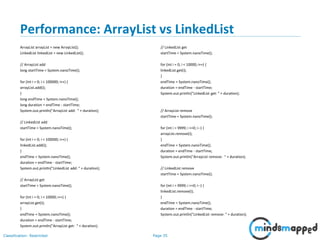 Page 35Classification: Restricted
Performance: ArrayList vs LinkedList
ArrayList arrayList = new ArrayList();
LinkedList linkedList = new LinkedList();
// ArrayList add
long startTime = System.nanoTime();
for (int i = 0; i < 100000; i++) {
arrayList.add(i);
}
long endTime = System.nanoTime();
long duration = endTime - startTime;
System.out.println("ArrayList add: " + duration);
// LinkedList add
startTime = System.nanoTime();
for (int i = 0; i < 100000; i++) {
linkedList.add(i);
}
endTime = System.nanoTime();
duration = endTime - startTime;
System.out.println("LinkedList add: " + duration);
// ArrayList get
startTime = System.nanoTime();
for (int i = 0; i < 10000; i++) {
arrayList.get(i);
}
endTime = System.nanoTime();
duration = endTime - startTime;
System.out.println("ArrayList get: " + duration);
// LinkedList get
startTime = System.nanoTime();
for (int i = 0; i < 10000; i++) {
linkedList.get(i);
}
endTime = System.nanoTime();
duration = endTime - startTime;
System.out.println("LinkedList get: " + duration);
// ArrayList remove
startTime = System.nanoTime();
for (int i = 9999; i >=0; i--) {
arrayList.remove(i);
}
endTime = System.nanoTime();
duration = endTime - startTime;
System.out.println("ArrayList remove: " + duration);
// LinkedList remove
startTime = System.nanoTime();
for (int i = 9999; i >=0; i--) {
linkedList.remove(i);
}
endTime = System.nanoTime();
duration = endTime - startTime;
System.out.println("LinkedList remove: " + duration);
 
