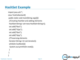 Page 47Classification: Restricted
HashSet Example
import java.util.*;
class TestCollection9{
public static void main(String args[]){
//Creating HashSet and adding elements
HashSet<String> set=new HashSet<String>();
set.add("Ravi");
set.add("Vijay");
set.add("Ravi");
set.add("Ajay");
//Traversing elements
Iterator<String> itr=set.iterator();
while(itr.hasNext()){
System.out.println(itr.next());
}
}
}
 