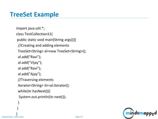 Page 53Classification: Restricted
TreeSet Example
import java.util.*;
class TestCollection11{
public static void main(String args[]){
//Creating and adding elements
TreeSet<String> al=new TreeSet<String>();
al.add("Ravi");
al.add("Vijay");
al.add("Ravi");
al.add("Ajay");
//Traversing elements
Iterator<String> itr=al.iterator();
while(itr.hasNext()){
System.out.println(itr.next());
}
}
}
 