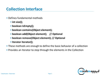 Page 5Classification: Restricted
Collection Interface
• Defines fundamental methods
• int size();
• boolean isEmpty();
• boolean contains(Object element);
• boolean add(Object element); // Optional
• boolean remove(Object element); // Optional
• Iterator iterator();
• These methods are enough to define the basic behavior of a collection
• Provides an Iterator to step through the elements in the Collection
 