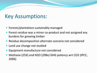 Key Assumptions:
 Forests/plantations sustainably managed
 Forest residue was a minor co-product and not assigned any
    burdens for growing timber
   Residue decomposition alternate scenario not considered
   Land use change not studied
   Equipment manufacture not considered
   Methane (25X) and N2O (298x) GHG potency wrt CO2 (IPCC,
    2006)
 