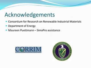 Acknowledgements
 Consortium for Research on Renewable Industrial Materials
 Department of Energy
 Maureen Puettmann – SimaPro assistance
 