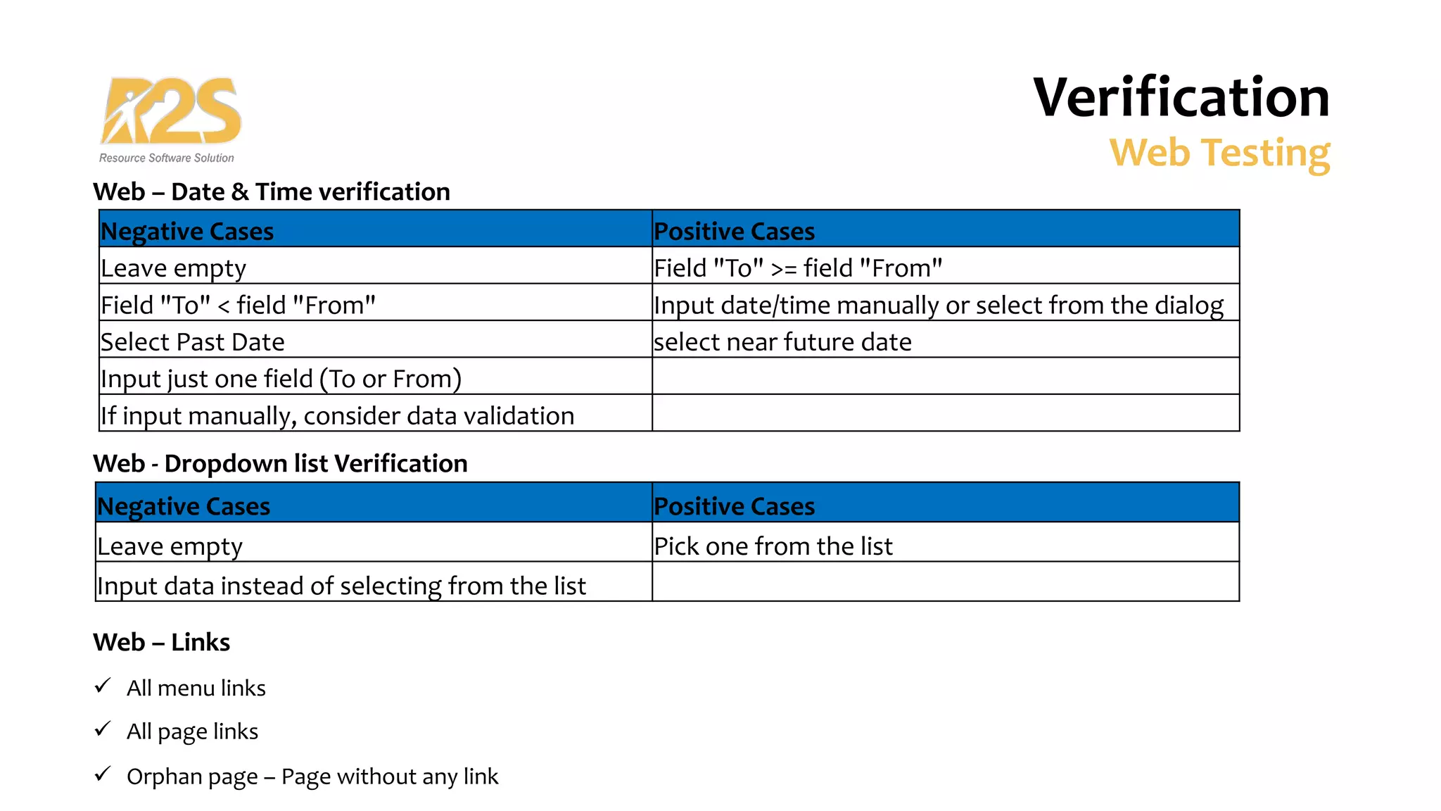 Web – Date & Time verification
Web - Dropdown list Verification
Web – Links
ü All menu links
ü All page links
ü Orphan page – Page without any link
Verification
Web Testing
Negative Cases Positive Cases
Leave empty Field "To" >= field "From"
Field "To" < field "From" Input date/time manually or select from the dialog
Select Past Date select near future date
Input just one field (To or From)
If input manually, consider data validation
Negative Cases Positive Cases
Leave empty Pick one from the list
Input data instead of selecting from the list
 