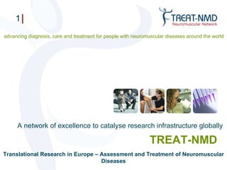 TREAT-NMD Translational Research in Europe – Assessment and Treatment of Neuromuscular Diseases advancing diagnosis, care and treatment for people with neuromuscular diseases around the world  A network of excellence to catalyse research infrastructure globally  