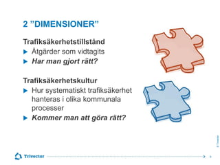 2 ”DIMENSIONER”
Trafiksäkerhetstillstånd
 Åtgärder som vidtagits
 Har man gjort rätt?

© Trivector

Trafiksäkerhetskultur
 Hur systematiskt trafiksäkerhet
hanteras i olika kommunala
processer
 Kommer man att göra rätt?

9

 
