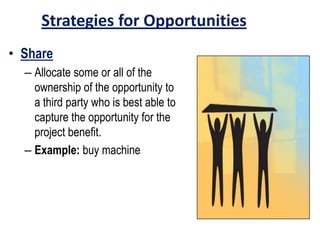 Strategies for Opportunities
• Share
– Allocate some or all of the
ownership of the opportunity to
a third party who is best able to
capture the opportunity for the
project benefit.
– Example: buy machine
 